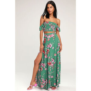 Lulus Away On Vacay Green Floral Print Two-piece Maxi Dress - Size M